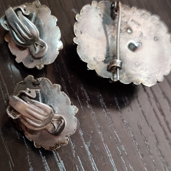 Antique Egyptian Scarabs Earrings and Brooch Set Silver Faience - Picture 6 of 14